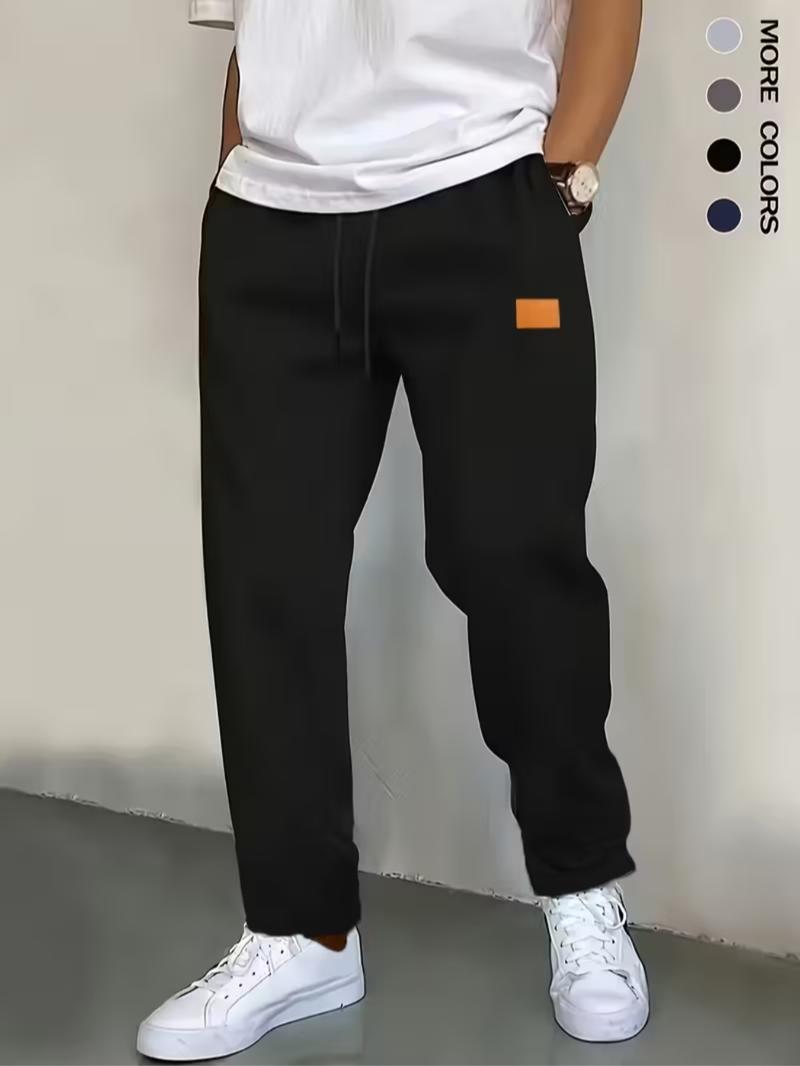 Men's Fall Winter Fleece Lined Casual Pants, Leather Tag Decoration, Lightweight Polyester Fiber, Trendy Versatile for Friend Gatherings, Casual Minimalist Trousers