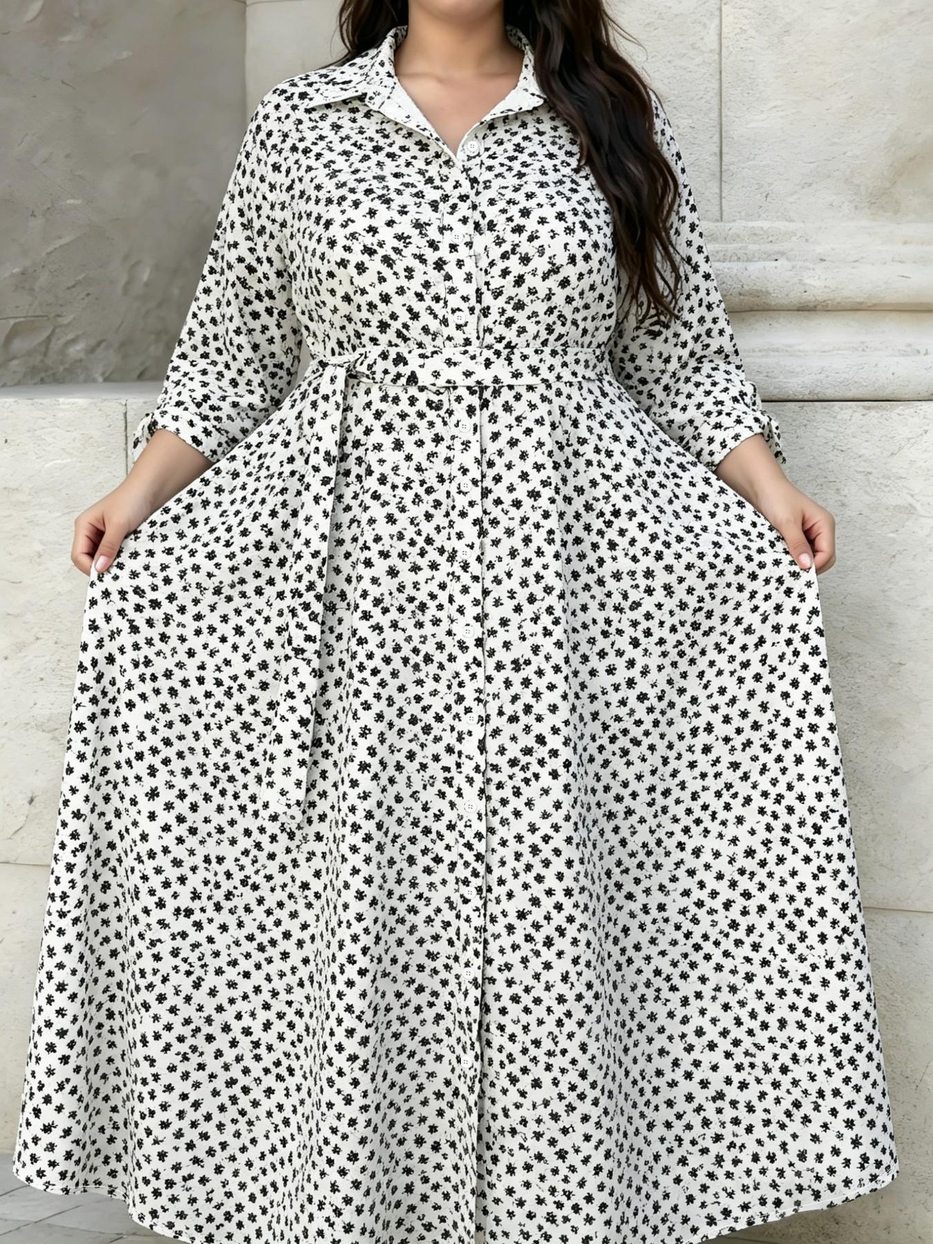 Plus Size Polka Dot Print Belted Button Front Shirt Dress, Elegant 3/4 Sleeve Tie Front High Waist Long Dress for Vacation Holiday Party, Women's Clothes for Summer
