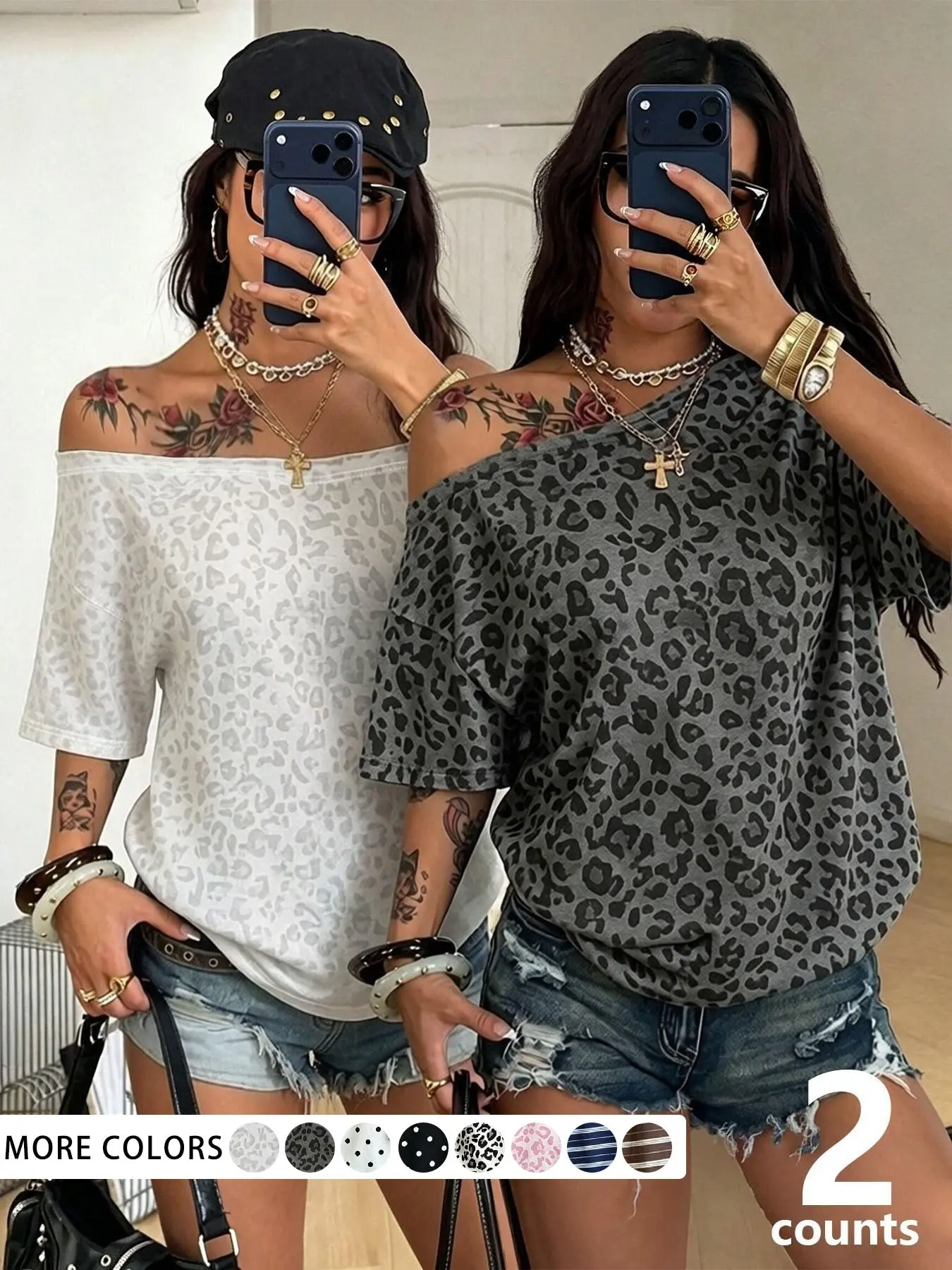 2 Pcs Women's Off Shoulder Short Sleeve T-Shirts, Leopard Print Loose Casual Slash Neck Tops For Daily Street Outfits Streetwear