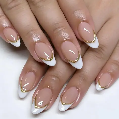 French Style Gold Stripes Short Almond Fake Nails, 24pcs Removable Full Cover Artificial Fake Nail for Women Girls Nail Art Design