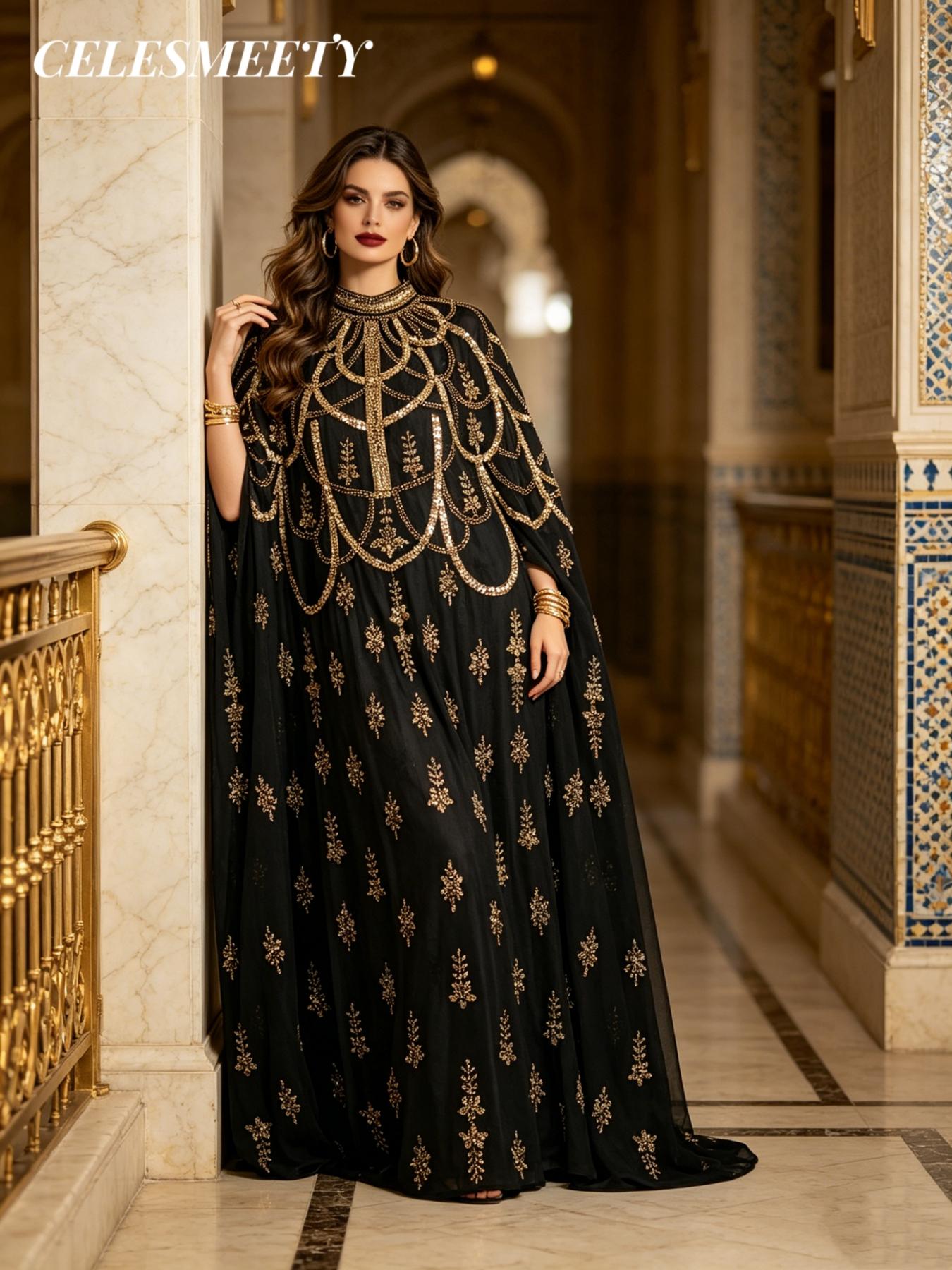 Celesmeety Muslim Sequin Long Robe, Plus Size Women's Islamic Clothing Mesh Kaftan, Jellabia Style Evening Gown, Elegant Dress for Holidays