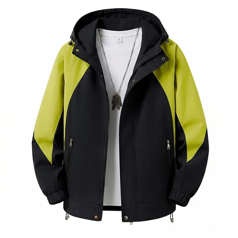 American-Style Functional Black And Yellow Color-Blocked Hooded Jacket For Men, Spring And Autumn Drawstring Windproof Jacket With Elastic Cuffs, Outdoor Casual Coat, Basic Trendy Color-Blocked Jacket For Men In All Seasons #   Sohochic
