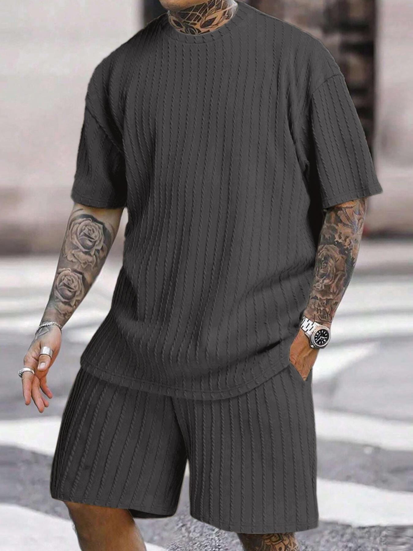 Men’s Streetwear 2-Piece Set – Soft Textured Knit Oversized Tee & Drawstring Shorts, Casual Summer Outfit