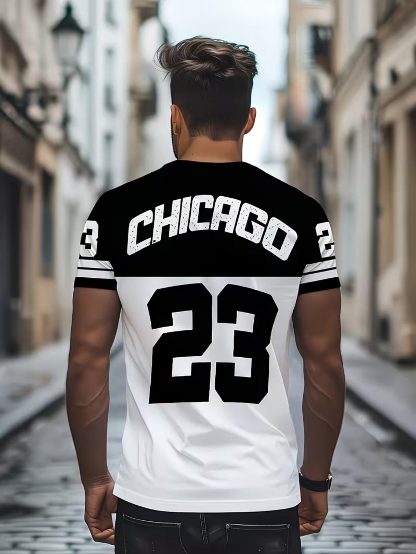 Chicago 23 Print Men's Casual Round Neck T-Shirt, Polyester Knit Fabric, Slight Stretch, Regular Fit, Summer Short Sleeve, Daily and Weekend Wear
