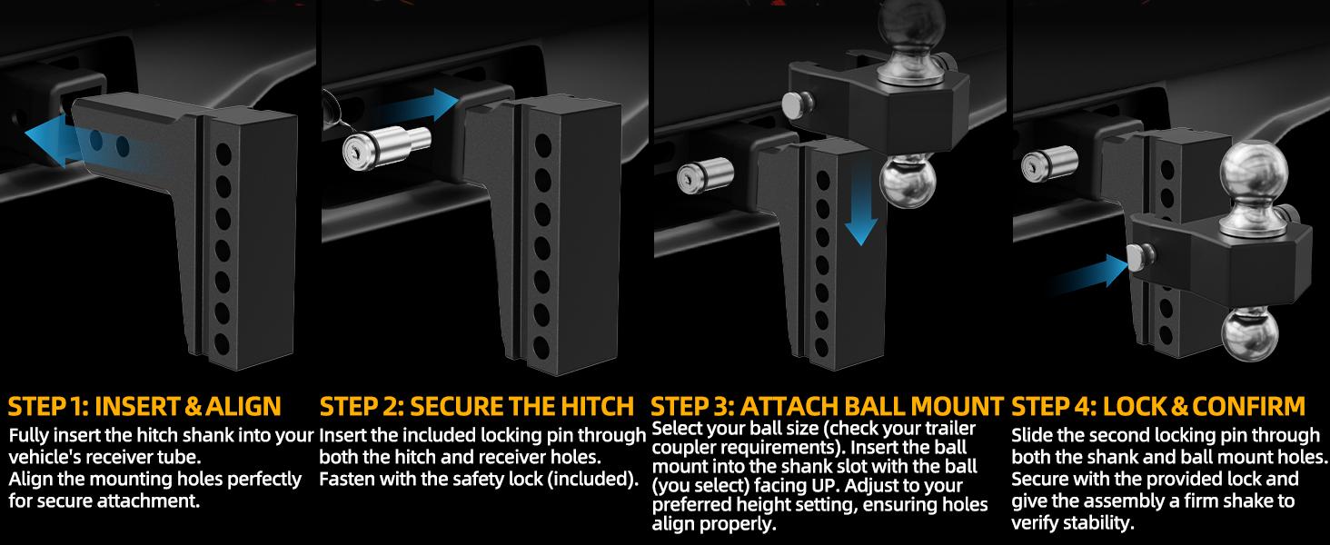 LOCAME Adjustable Trailer Hitch, Fits 2.5-Inch Receiver Only, 6-Inch Drop/Rise Aluminum Drop Hitch,18,500 LBS GTW-Tow Hitch for Heavy Duty Truck with Double Stainless Steel Locks, Black, LC0025