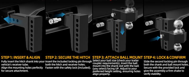 LOCAME Adjustable Trailer Hitch, Fits 2.5-Inch Receiver Only, 6-Inch Drop/Rise Aluminum Drop Hitch,18,500 LBS GTW-Tow Hitch for Heavy Duty Truck with Double Stainless Steel Locks, Black, LC0025