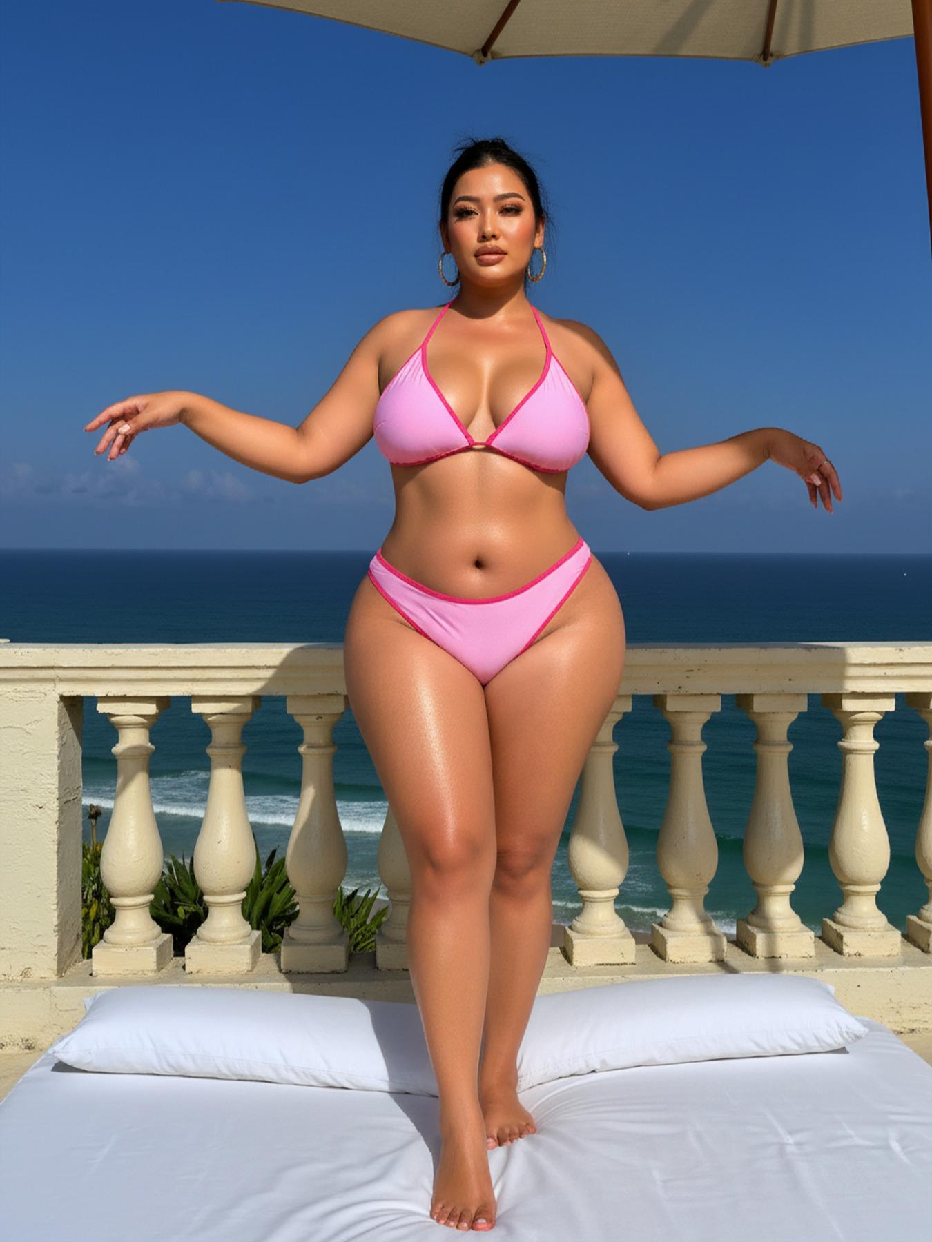 Plus Size Women's Triangle Bikini Set, Two-Piece Strap Swimsuit with Side Tie Bottoms, Plain Bikini Set, Perfect for Outdoor Fun & Father's Day Gift