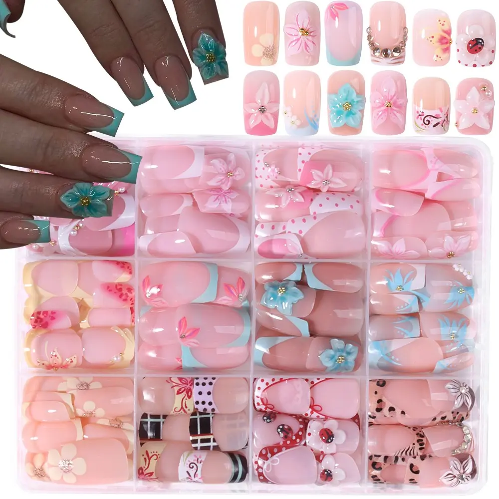 288pcs Short Square 3D Gel Nail Tips with Pearl Design, Press-On Nails, Floral and French Styles, Perfect for Summer, Work and Parties, Nail Art Set