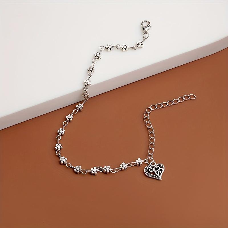 Women's Silvery Stainless Steel Bohemian Ankle Bracelet - Hollowed Plum Blossom Flowers, Love Heart Designs, Tassel Foot Chain - Casual Female Costume Jewelry for Birthday Gift, Beach Party