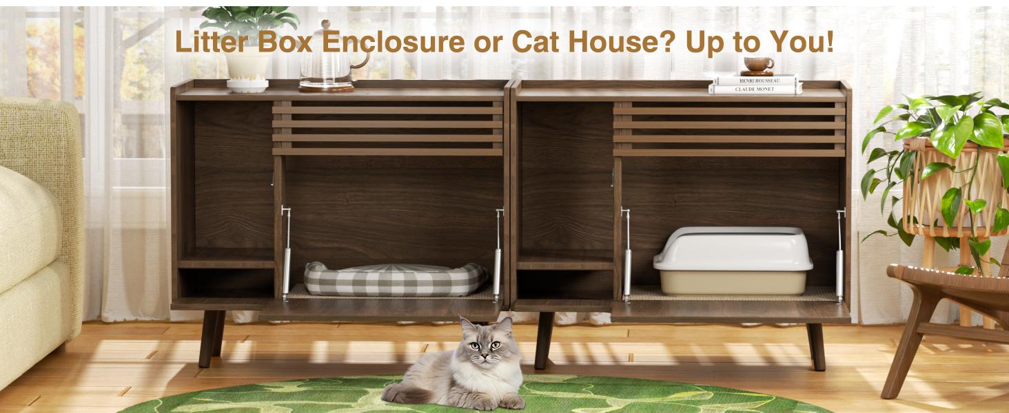 Vabches Cat Litter Box Enclosure,Mid-Century Modern Hidden Litter Box Furniture with Cat Scratch Pad,Flip-Down Opening Litter Box Cabinet Cat Washroom End Table