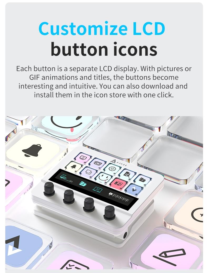 AJAZZ AKP05E Desktop Streaming Controller Programmable LCD Button Multi functional Knob Touch Screen Operation 0-60 ° Adjustable Bracket Compatible with Win/Mac Office Live Streaming Multi scene Application USB Controller