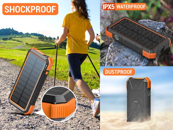 BLAVOR Solar Power Bank QC3.0 Fast Charging 10W Wireless Charger 20000mAh Solar Powered Powerbank with Type C Input/Output, IPX5 Waterproof, Camping Flashlight, Compass, Carabiner