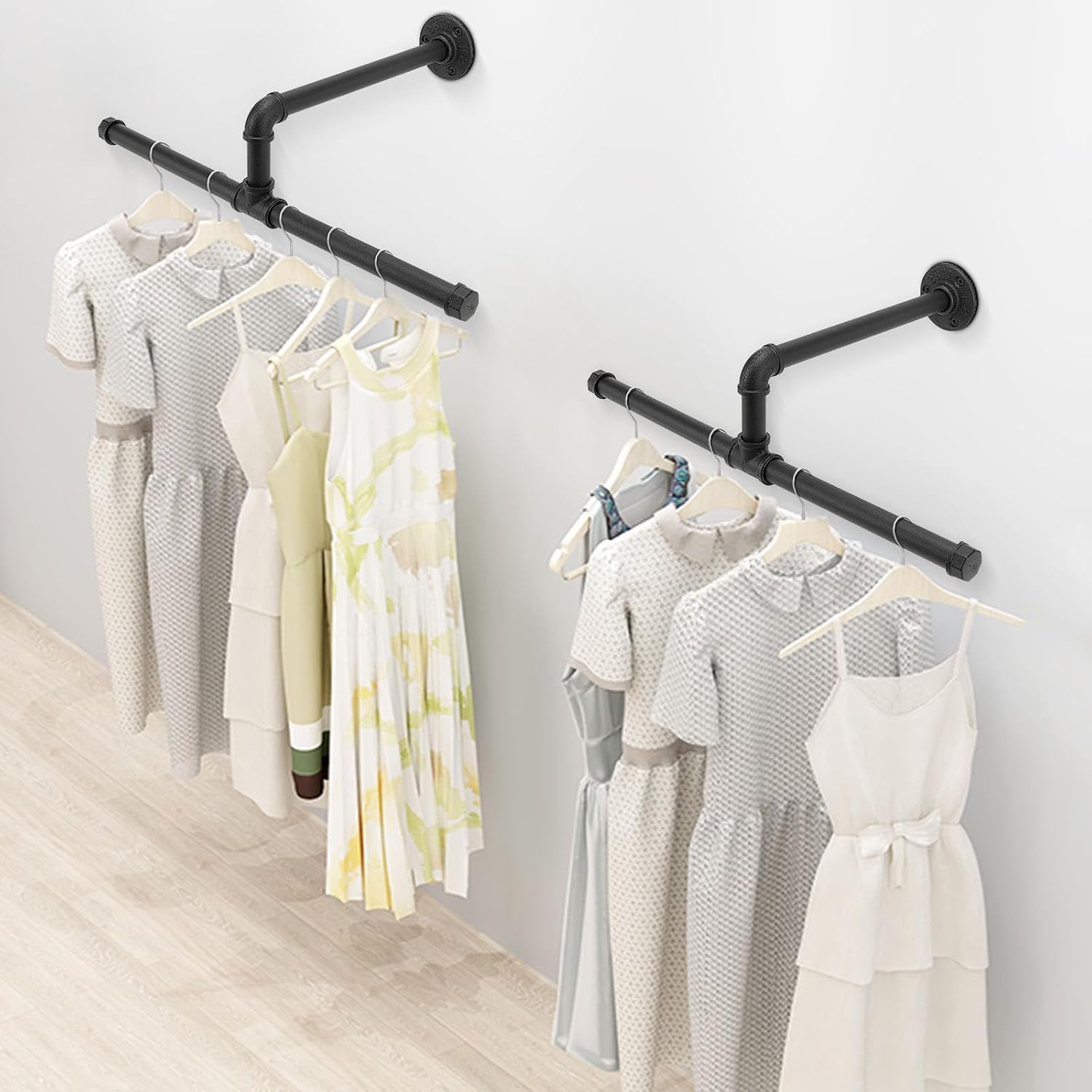 Industrial Pipe Floating Clothes Rack Garment Rack Wall Mounted, Durable Space Saving, Rustic Vintage Steel Metal Clothing Stand Frame