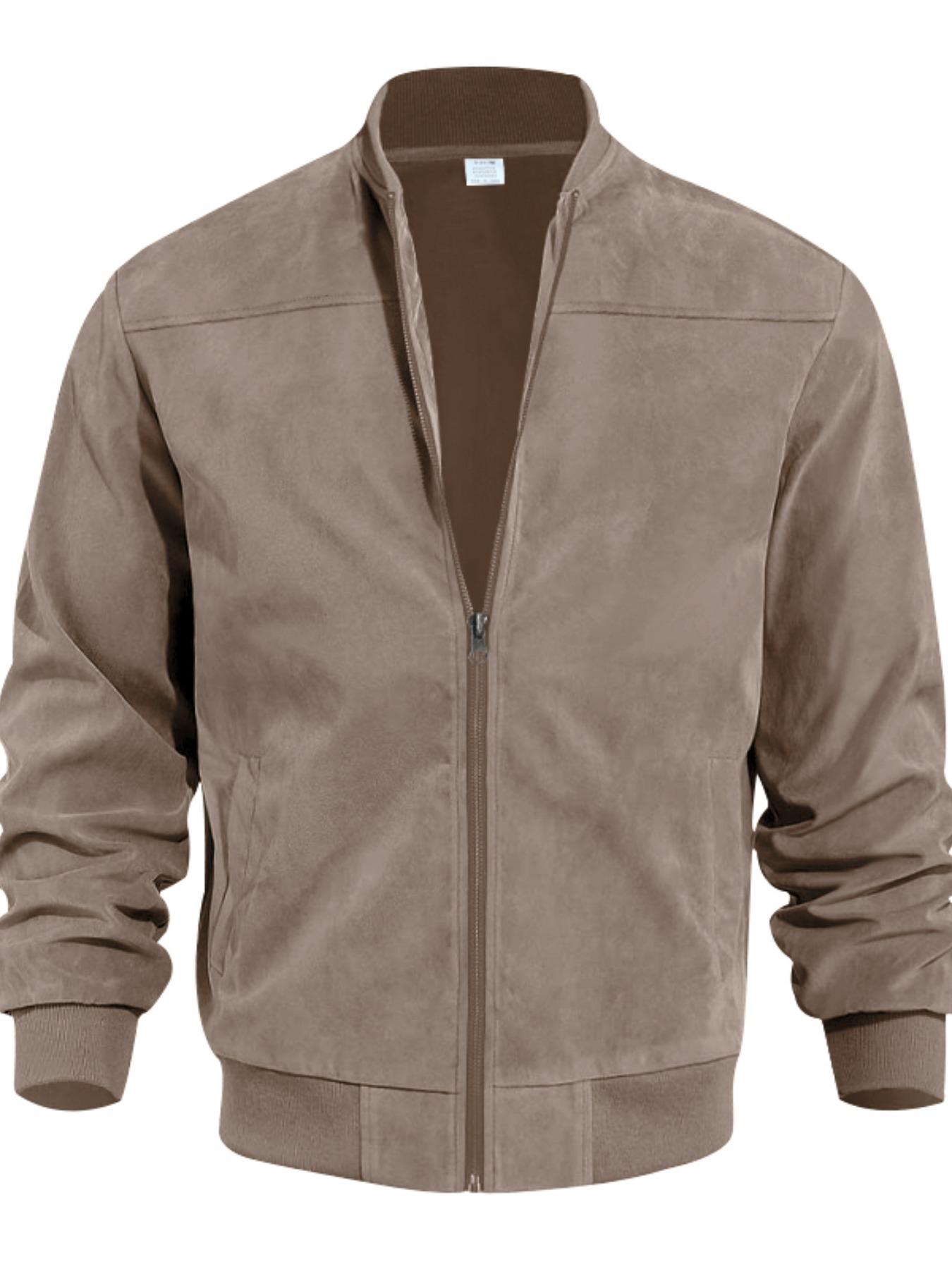 Men's Solid Color Suede Long Sleeve Jacket, Fall & Winter Casual Vintage Style Coat with Zipper Pockets, Classic Men's Denim Outerwear, Casual Fashionable Jacket