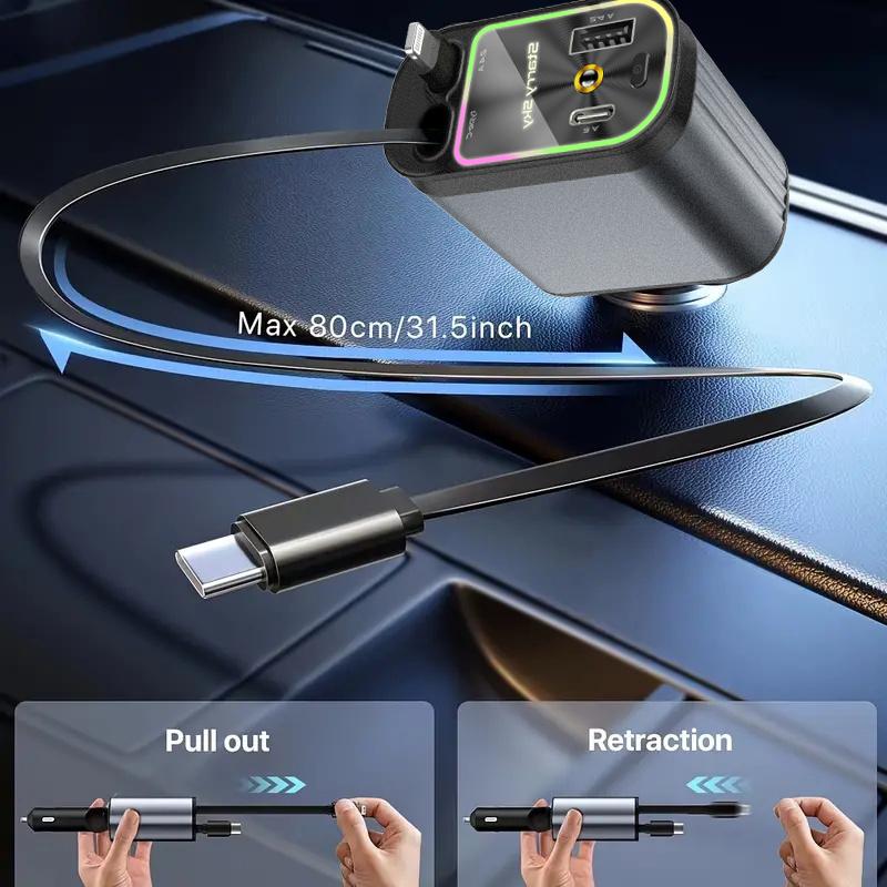 4-in-1 Headliner Fast Charging Retractable Car Charger Starlight Roof Projector with Red and Blue Light, 31-inch Retractable Cable (for Type-C and iOS Devices),- Travel Car Accessories​​