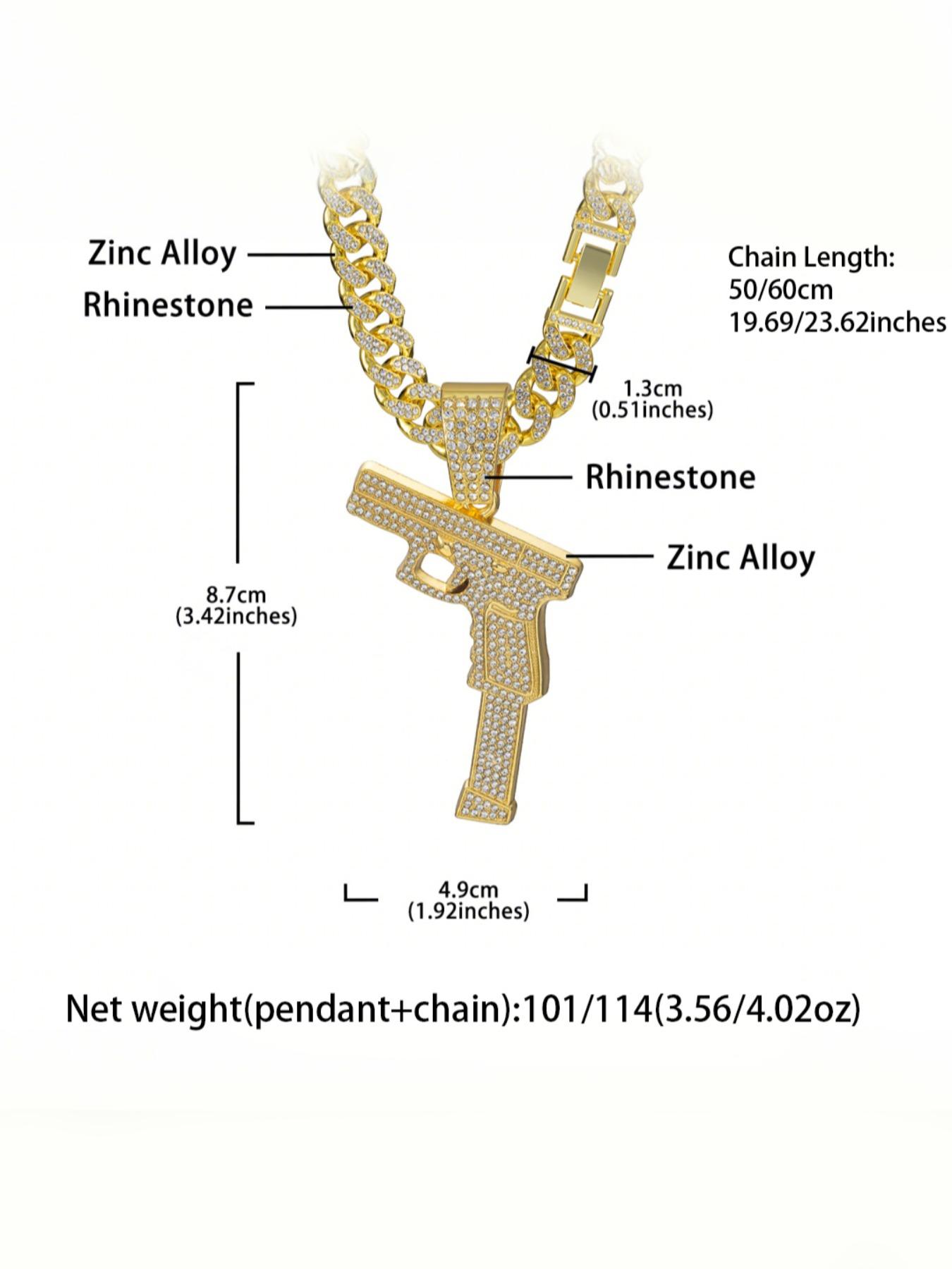 Hip Hop Gun Shape Zircon Pendant Necklace, Alloy Cuban Link Chain Street Style Art Culture Jewelry, Unisex Hipster Fashion Accessory