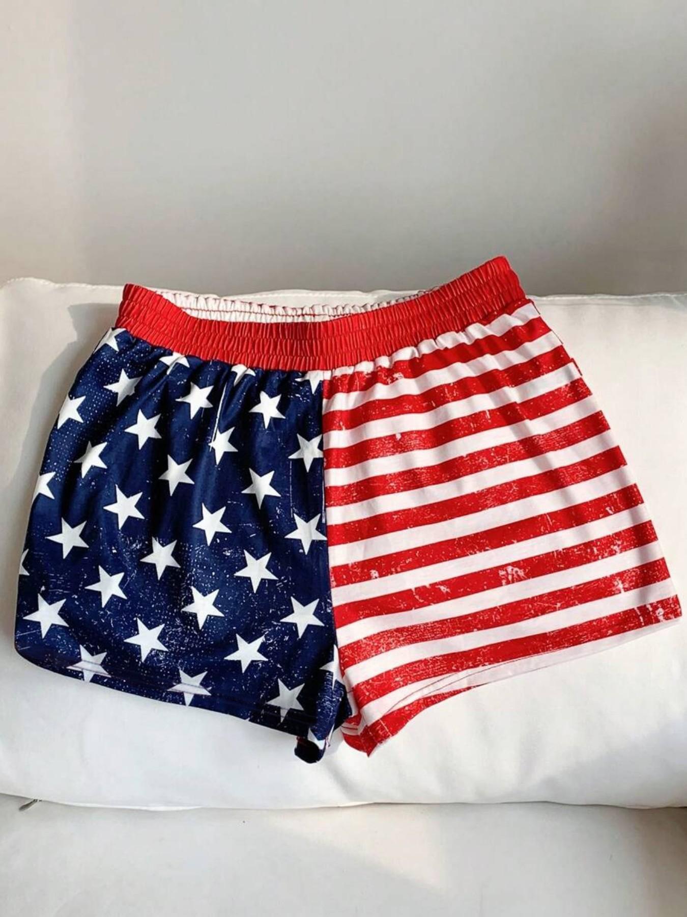 Millennial Streetwear Vintage Usa Flag Print Elastic Waist Loose Fit Shorts, Comfortable Breathable Fabric, Ideal for Summer Outdoor Wear