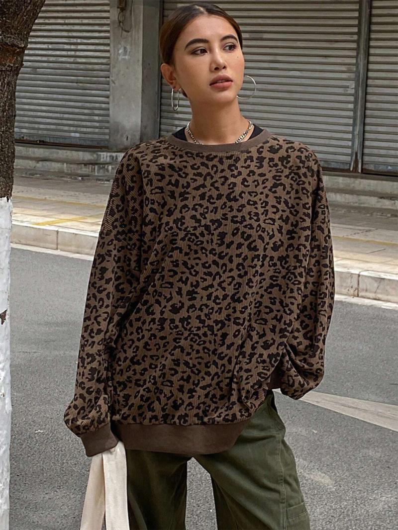 Women Loose Fit Round Neck Corduroy Leopard Print Ribbed Sweatshirt,Long Sleeve Tops,Fall Clothes,Back To School Clothes