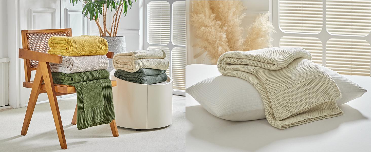 100% Cotton Chunky Cable Knit Throw Blanket for Sofa Couch Bed Baby Nursery, Farmhouse Chessboard Grid Woven Blanket with Bonus Laundering Bag, 51 x 63 Inches, Cream