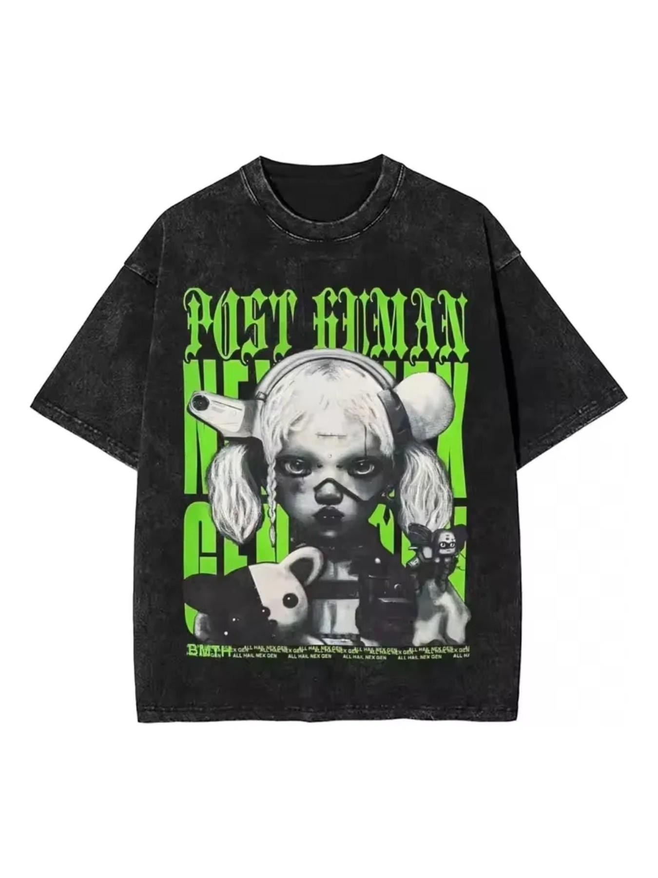 Vintage Washed Loose Men's T-Shirt, Y2K Street Style Cyberpunk Print, Unisex Short Sleeve, Retro Cartoon Pattern, Summer Top