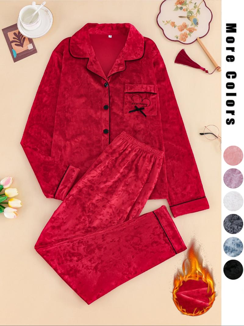 Two-Piece Set Women's Solid Button Front Lapel Shirt & Pants Velvet Pyjama, Long Sleeve Pocket Top & Trousers Set, Women's Sleepwear for Winter