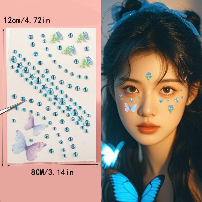 New 3D Butterfly Rhinestone Stickers, Star Moon Round Diamond Pentagram Pearl Face Decorations, Christmas Face Tattoos