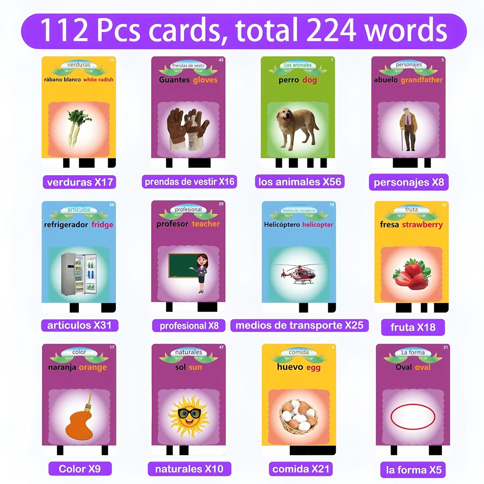 KIDGENIUS Bilingual English & Spanish Talking Flash Cards for Toddlers - 224 Sight Words Interactive Educational Toy for Kids Ages 1-8 - Perfect for Children’s Day & Summer Holidays