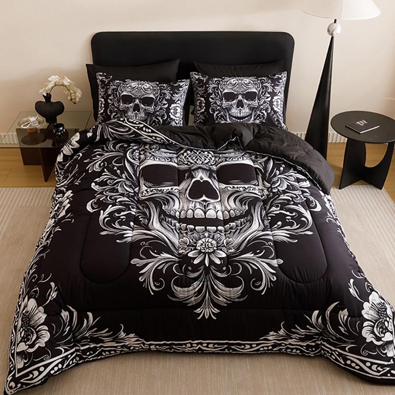 3-piece Quilt Set (1 Quilt + 2 pillowcases, no pillow), including 180Gsm filling, soft and breathable, digitally printed black and gray floral patterns of skulls, suitable for bedrooms, dormitories and home use, no bed sheets or bed covers.