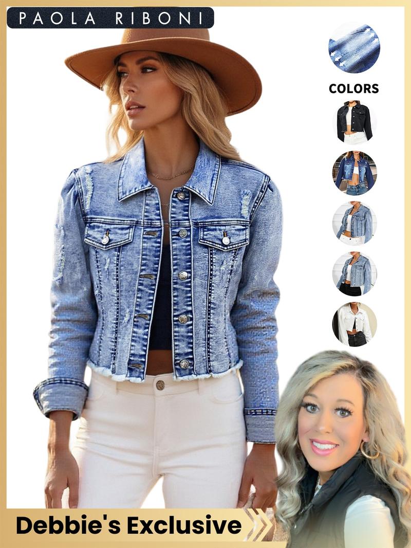 【Debbie's Exclusive】High Elasticity Denim Jacket with Fitted Design, Casual Plain Ripped Style for All Seasons, Long Sleeve Women's Outerwear