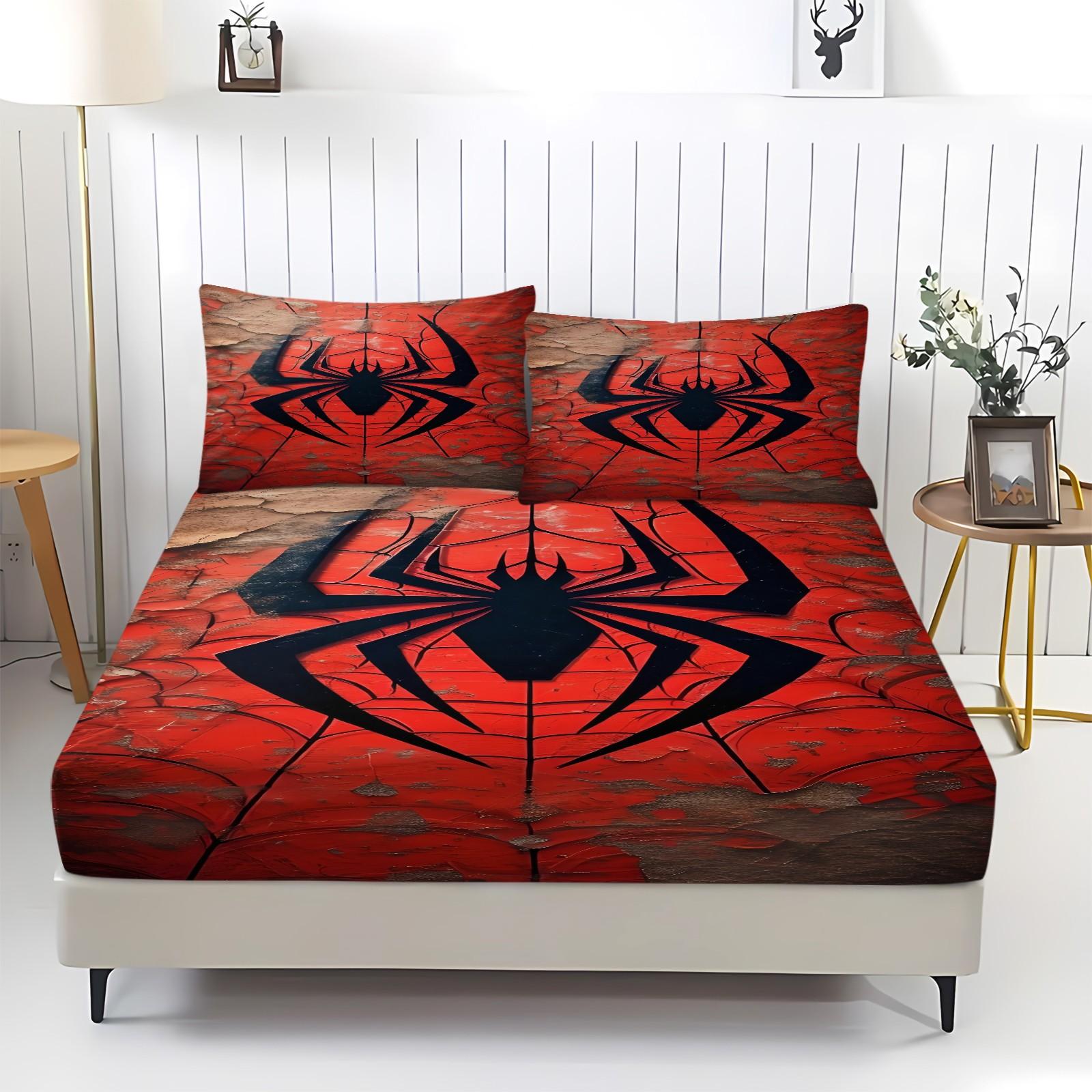 Spider Pattern Bedding Set (1 Fitted Sheet + 2 Pillowcases), Deep Pocket Fitted Sheet, Modern Home Essential Decorative Bedding