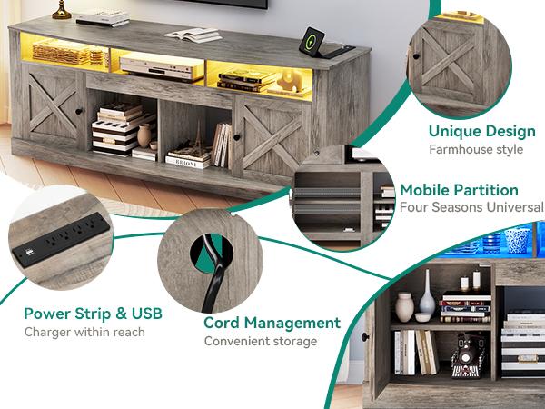 DWVO Farmhouse TV Stand for TVS up to 80 Inch, Entertainment Center with Power Outlet, TV Table with Barn Doors & Storage Cabinets, TV Console for Living Room, 70" Rustic Grey