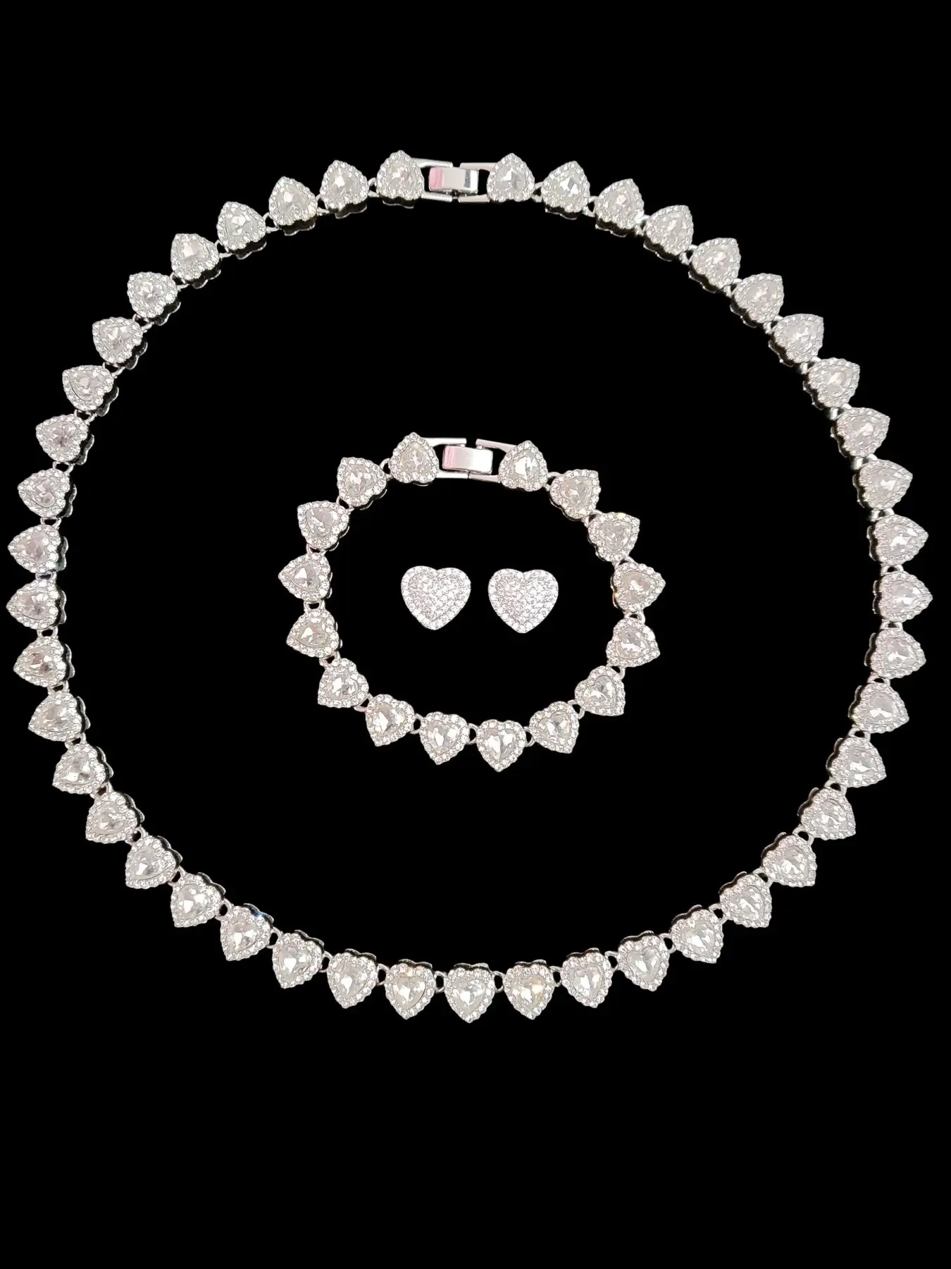 3Pieces/Set Women Hip Hop Heart Chain Necklace & Bracelet & Artificial Ziron Earrings, Fashion Jewelry Gift for Women, All-Season Street Style Accessories