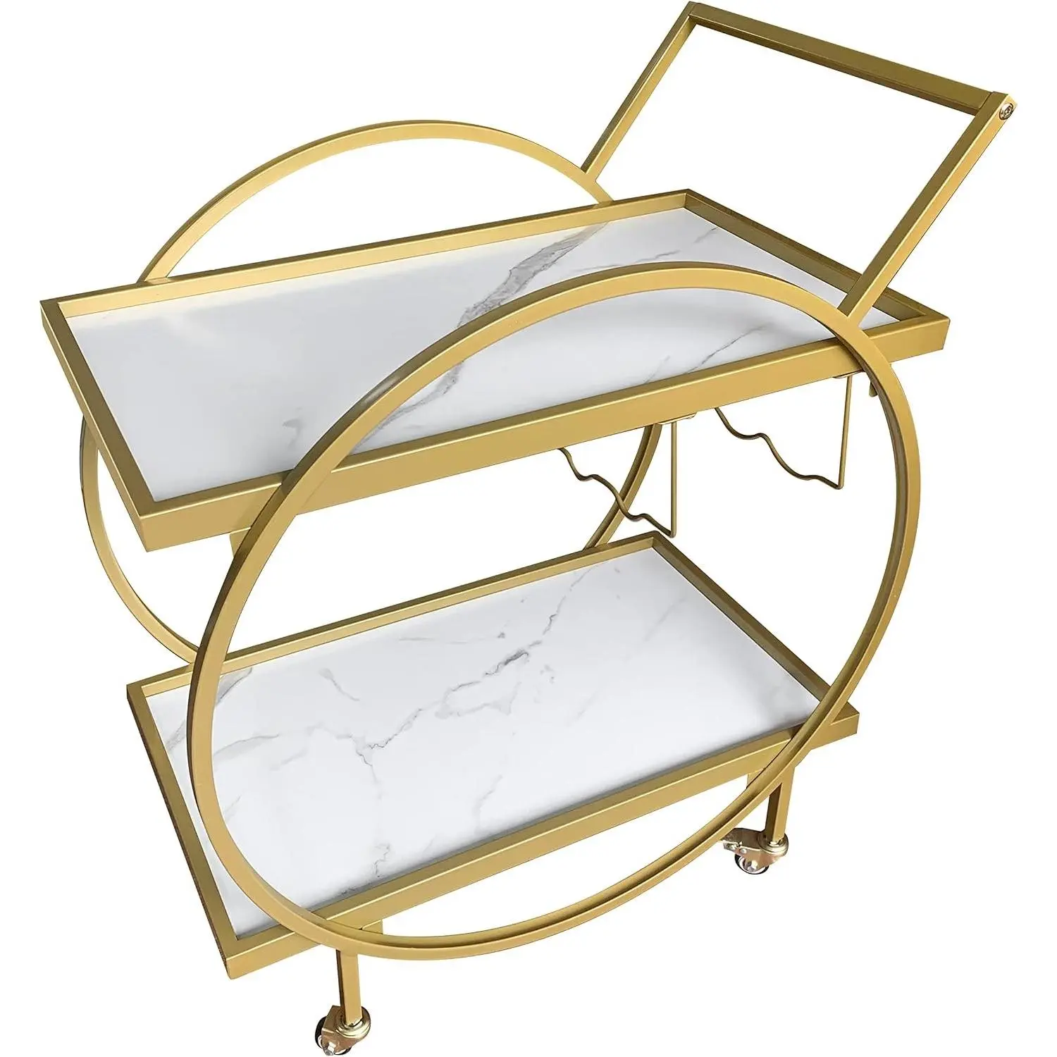 Bar Cart with Wine Rack, 2-Tier Mobile Serving Cart on Wheels for Home Kitchen, Gold