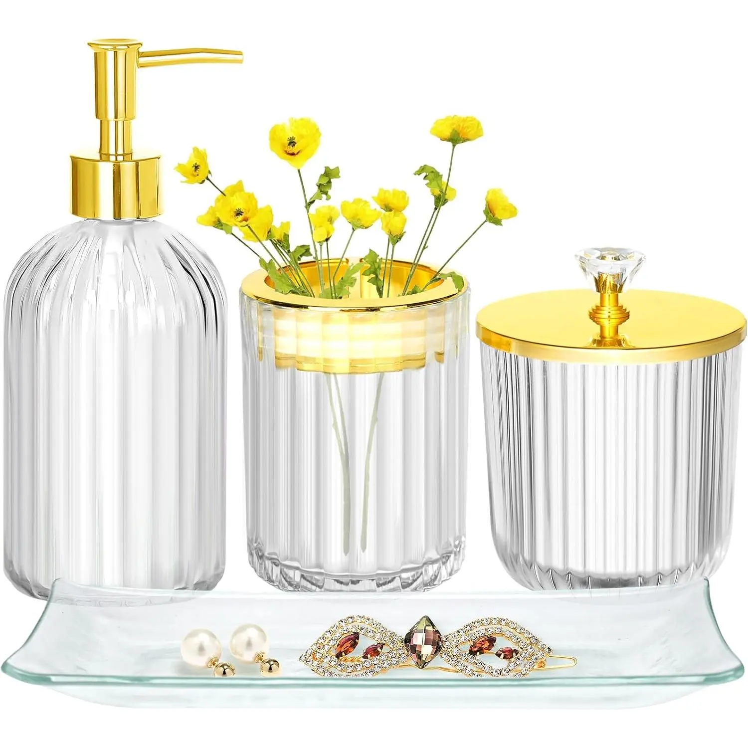 Bathroom Accessories Set, 4 count Clear and  Glass Bathroom Accessories Sets Complete w/Lotion Soap Dispenser,  Holder,  Jar,  Tray, Bathroom Decor