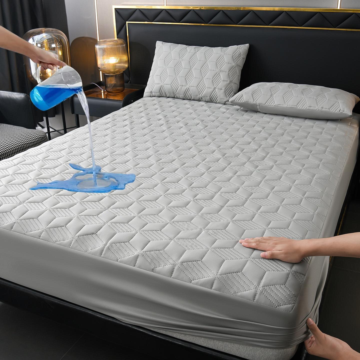 Waterproof Quilted Fitted Sheet Set - 3 Pieces (1 Mattress Cover + 2 Pillowcases), Deep Pocket, Navy Blue