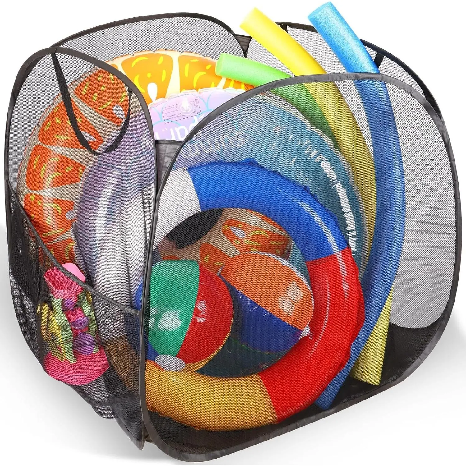 Pool Toy Storage, Outdoor Pool Float Storage Organizer, High Capacity 32x32x32 Inch Pool Storage Bin with Side Pocket for Pool Noodles, Floats, Beach Balls and other Swim Accessories