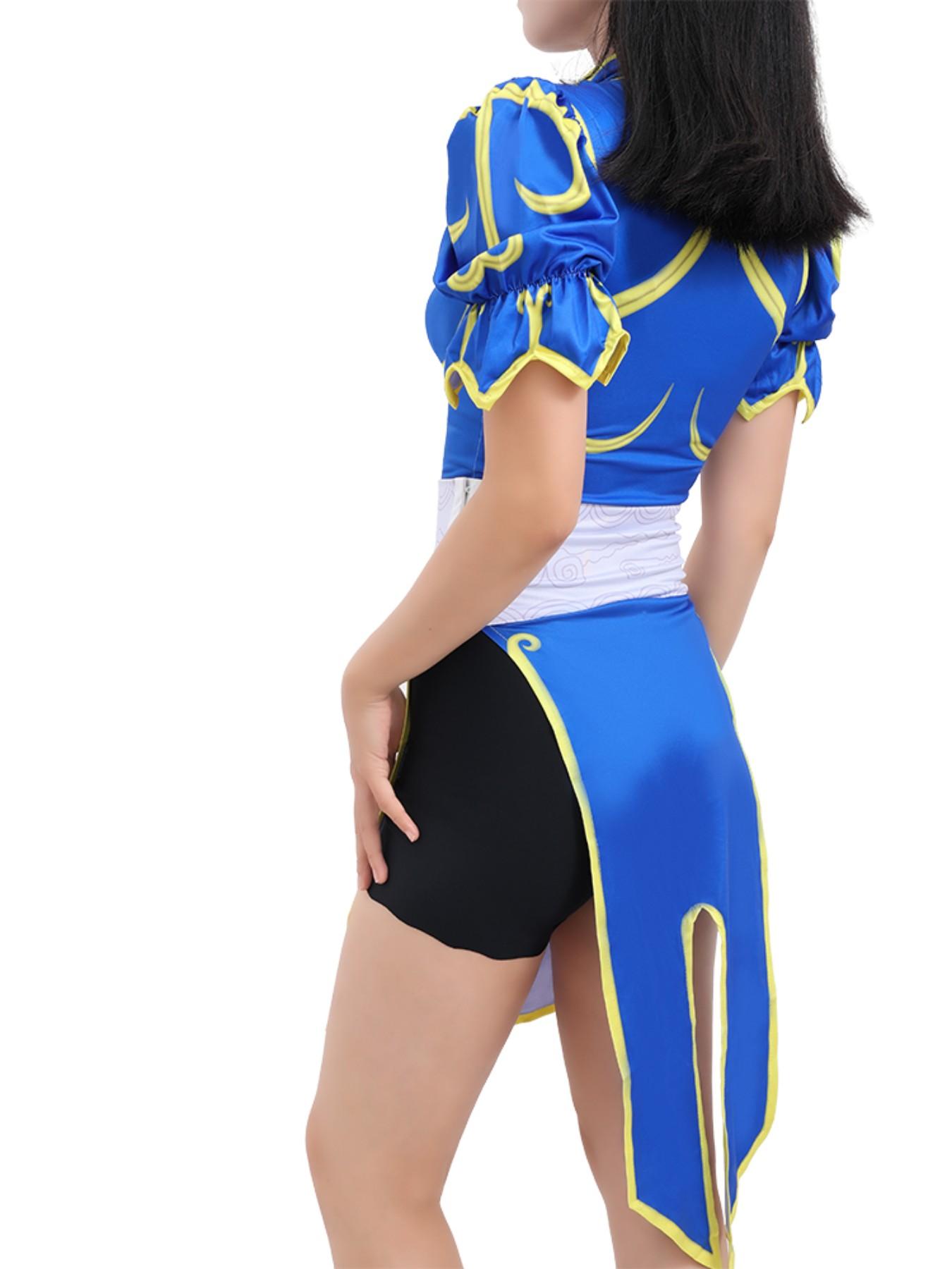 Women's Street Fighter Chun Li Costume, Blue Qipao with Headpiece and Belt, Halloween Dress, Role Play Game