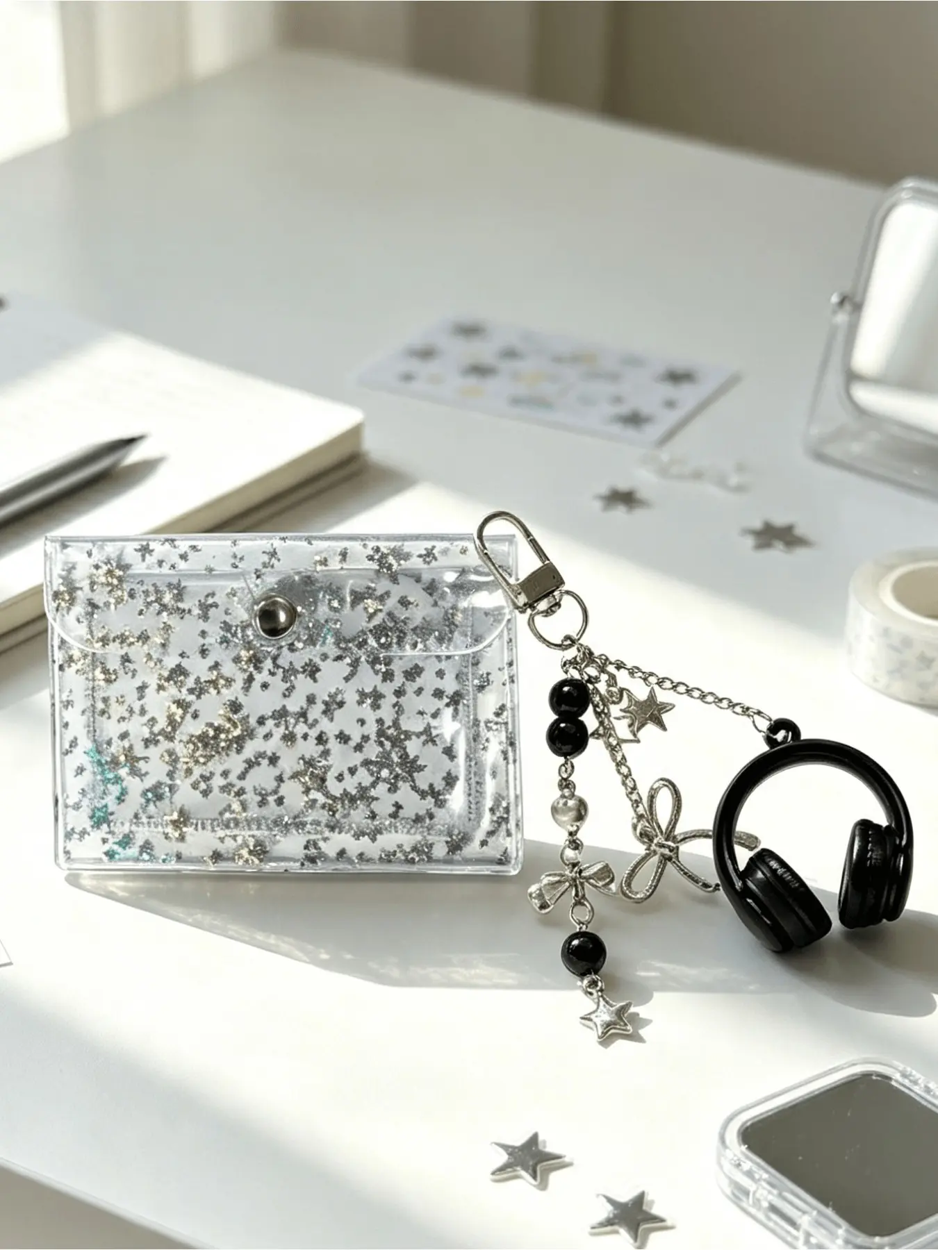 Colorful starlight card holder, paired with an Instagram-style music headphone bag keychain, colorful card holder, sparkling starlight card holder, portable card wallet, ID protector, women's portable card wallet with keychain