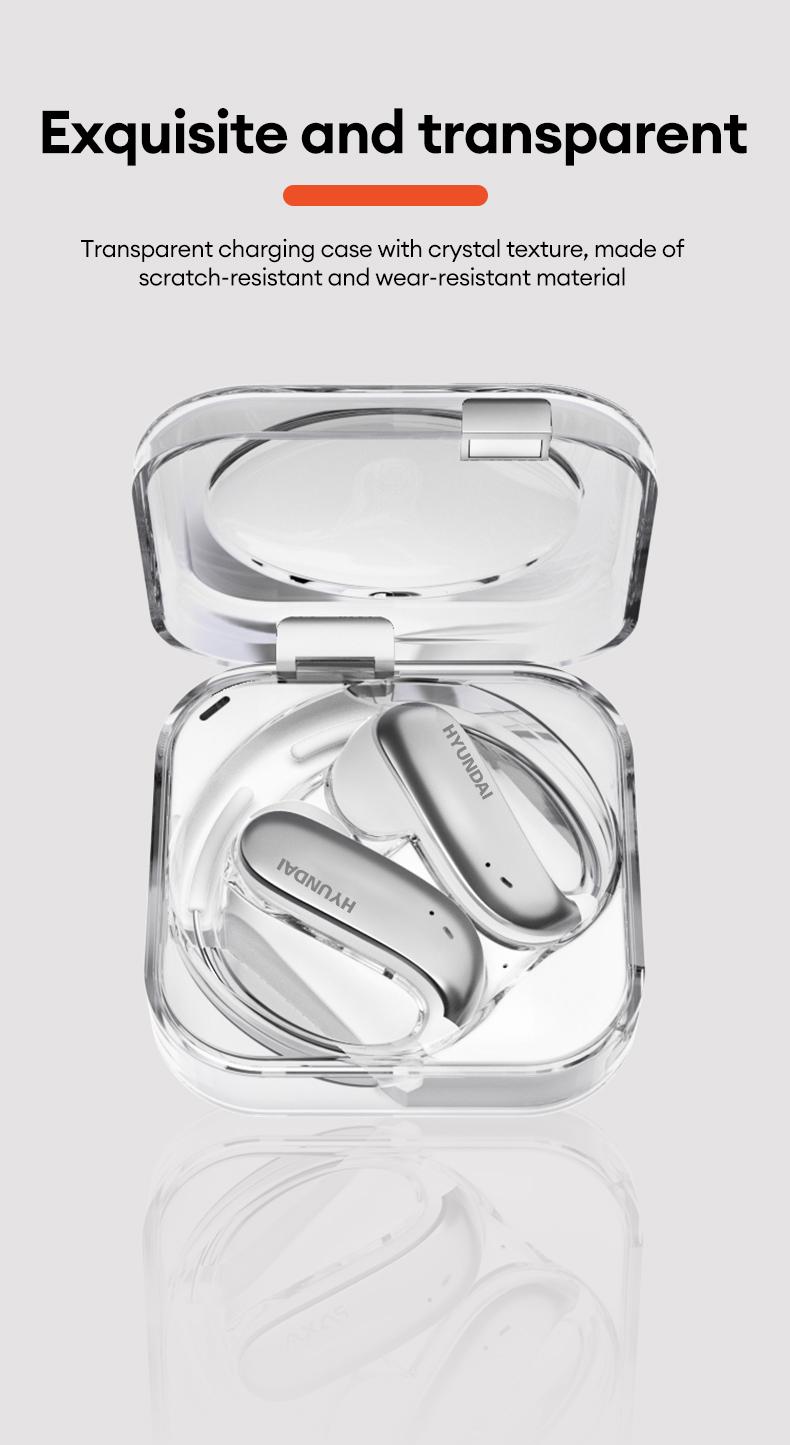 HYUNDAI D78 Earhook Bluetooth Earphone, with a new lightweight and micro in ear titanium alloy ear hook design, paired with a transparent and stylish headphone compartment, is very suitable for fashionable young people, work, leisure, sports use, etc