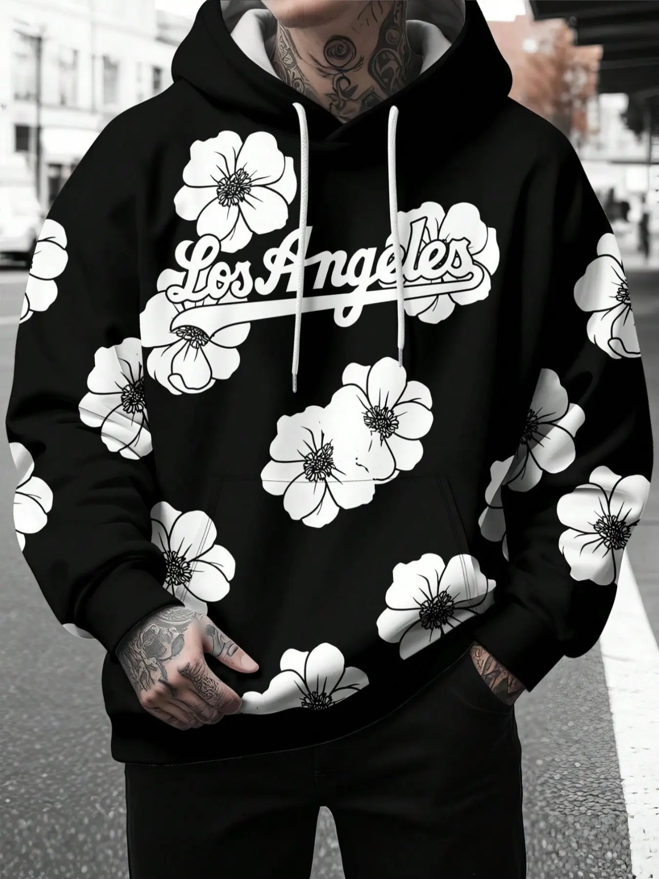 Floral Pattern Hoodie for Men, Loose Fit Casual Pullover, Long Sleeve Graphic Top, Fall & Winter Fashion Outerwear