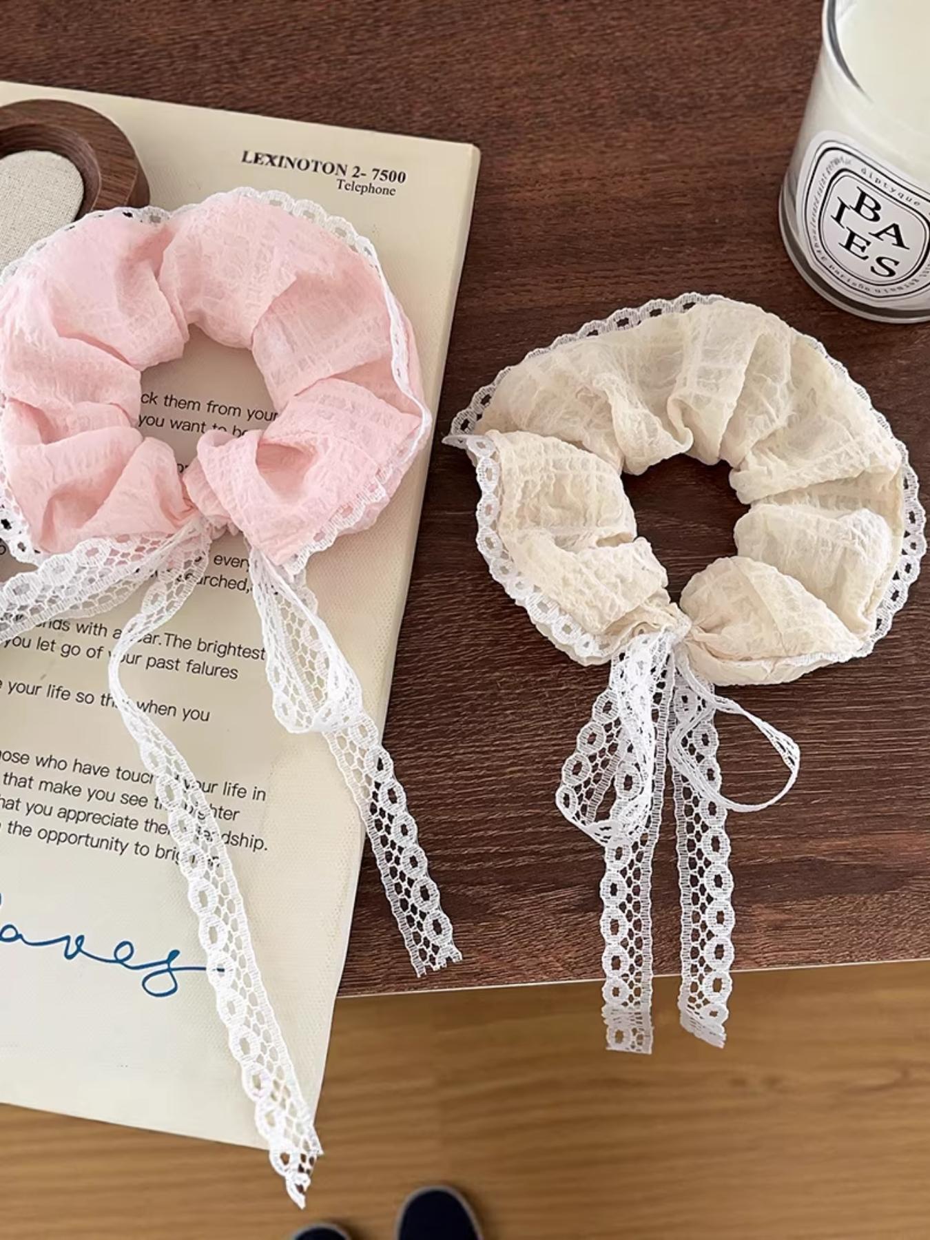 2 Pcs Korean Style Lace Edged Hair Ties, Elegant Bow Design, Casual All-Season Headband, Ditsy Floral Pattern, High-Quality Elastic Bands