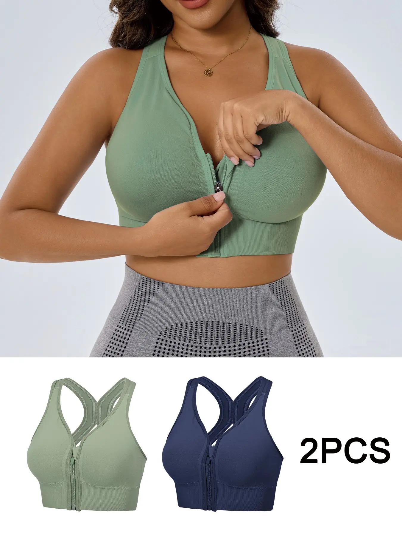 Two-Pack Women's Bralettes, Front Zipper, X-Back Straps, Seamless, Full Coverage, Sporty Style, Basic, All Seasons, Medium Support, Regular, Unlined