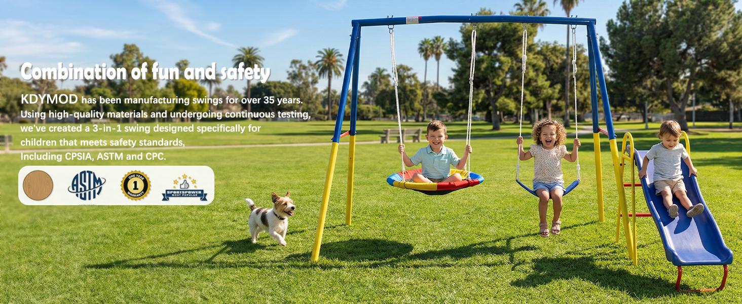 Heavy Duty Metal Unisex Kids+Adults Swinging Playground Equipment - 440lbs Capacity Stand, 32in Saucer, 26.2in Belt Seat, 53in Slide, Blue Dual Seats, Ultra-Safe Frame, Pre-Drilled Parts Easy Installation, Backyard Gift for Halloween, Christmas