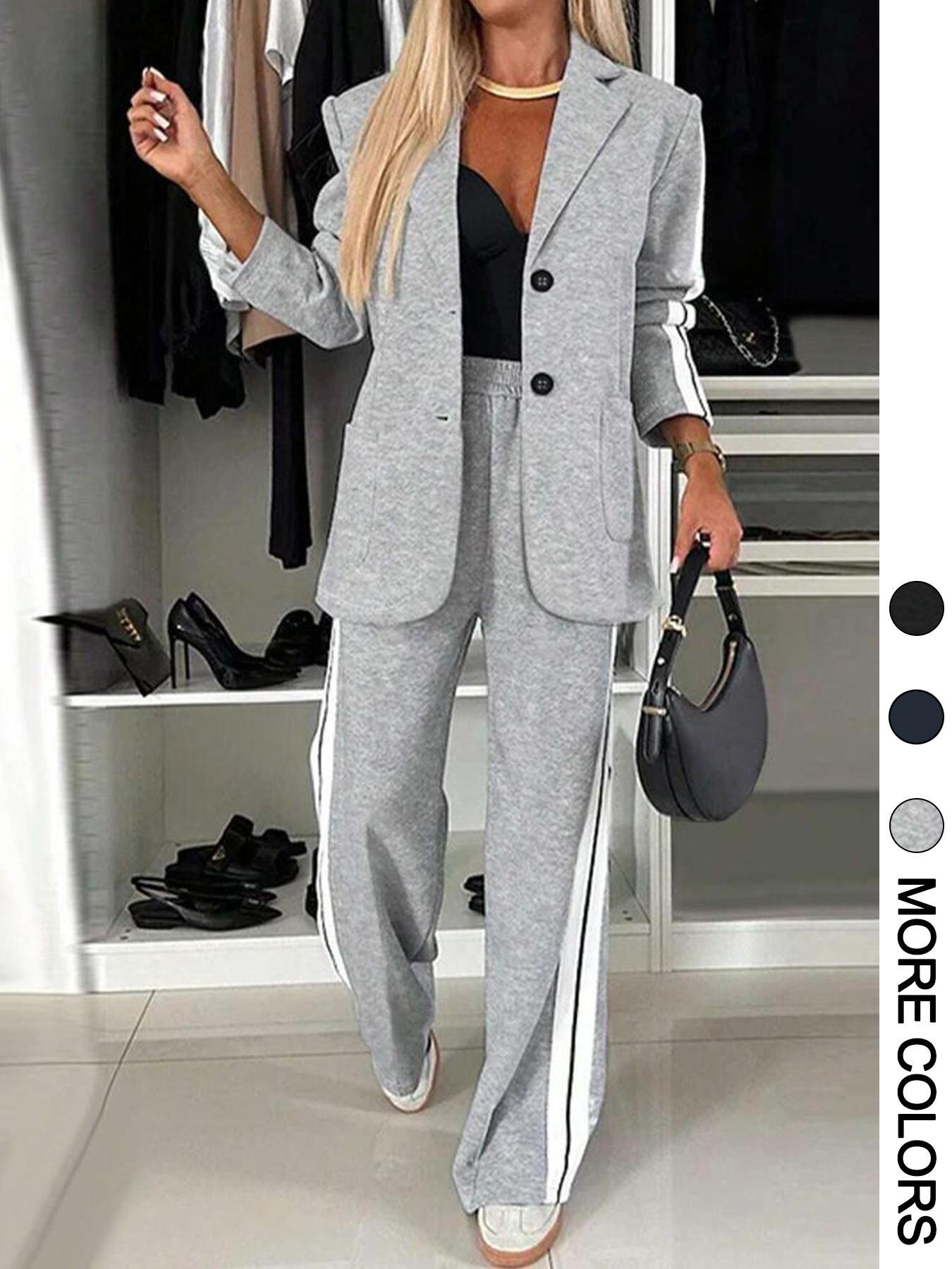 Women's Striped Print Suit Set, Blazer Jacket & Wide Leg Pants, Casual Fitted, All Seasons Wear, 2 Piece Set