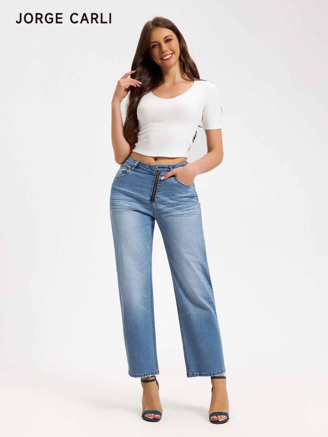 JORGE CARLI  Women's Mid-Waist Elastic Straight Leg Jeans, Front Zipper Design, Casual Office Wear, Versatile Nine-Part Wide Leg Pants