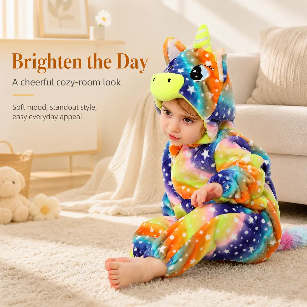 Infant Galaxy Rainbow Star Unicorn Flannel Hooded Onesie - Baby Warm Animal Cosplay Jumpsuit, Toddler Home Party Halloween Loungewear Sleep Romper
