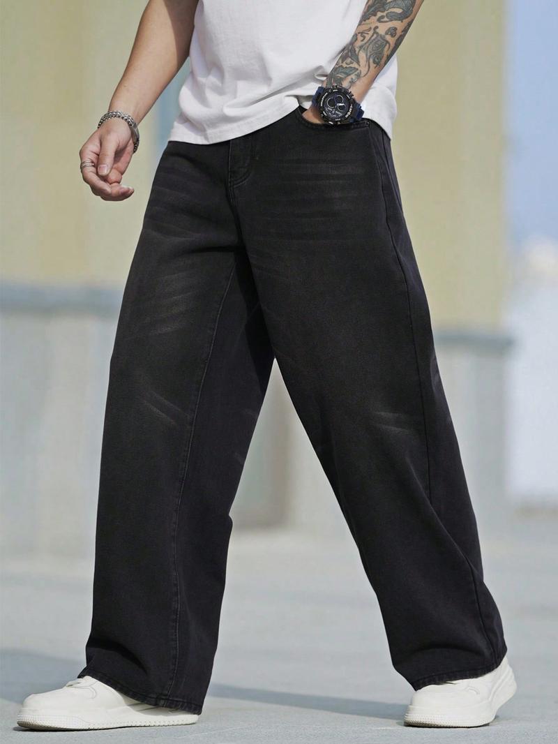 Plus Size Men's Solid Color Wide Leg Jeans, Loose Street Fashion Casual Comfy Pocket Denim Trousers, Jean Pants Bottoms for Daily Wear, Men's Bottoms for All Seasons, Casual High Rise