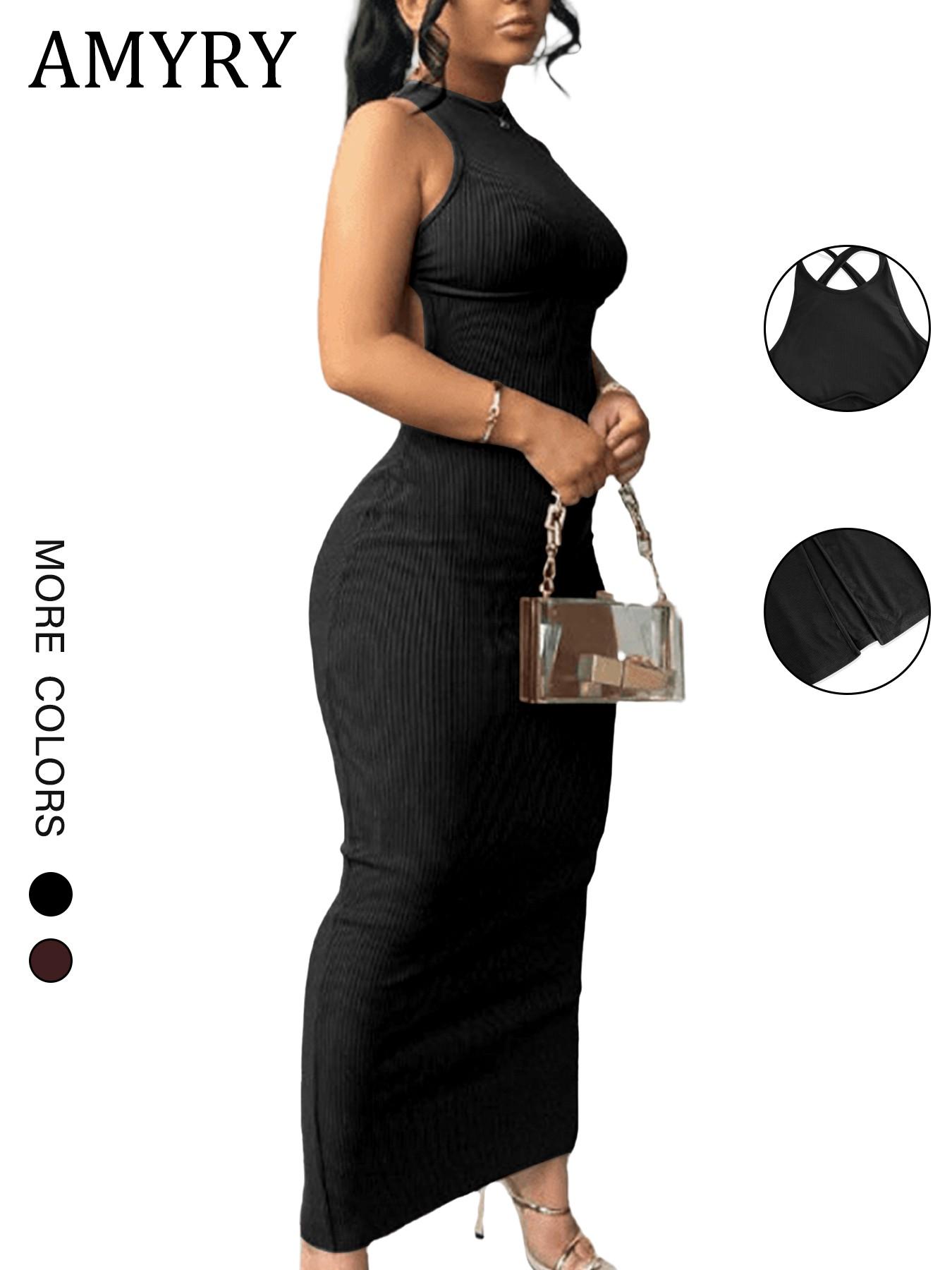 Women's Plain Solid Bodycon Slim Fit Sleeveless High Elastic Loose Round Neck Ribbed Casual Sexy Dress, Spring & Fall Fashion