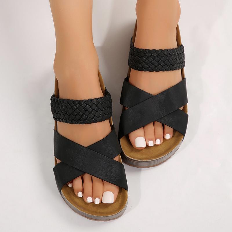 Women Sandals Beach Sandals Lightweight Slip-On Braided Cross Casual Solid Color Slippers