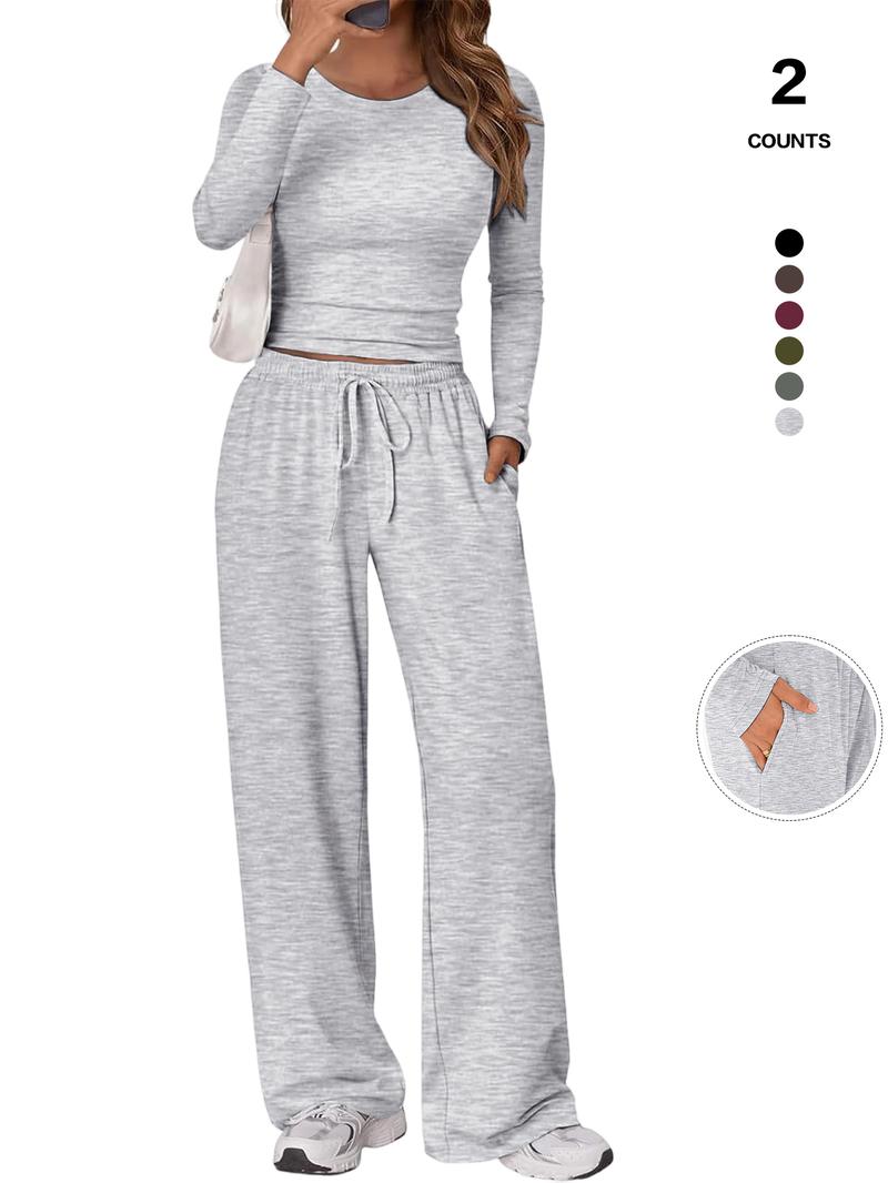 Women's 2 Piece Matching Lounge Set, Long Sleeve Slightly Crop Top & Wide Leg Pants, Casual Sweatsuit for Fall & Winter